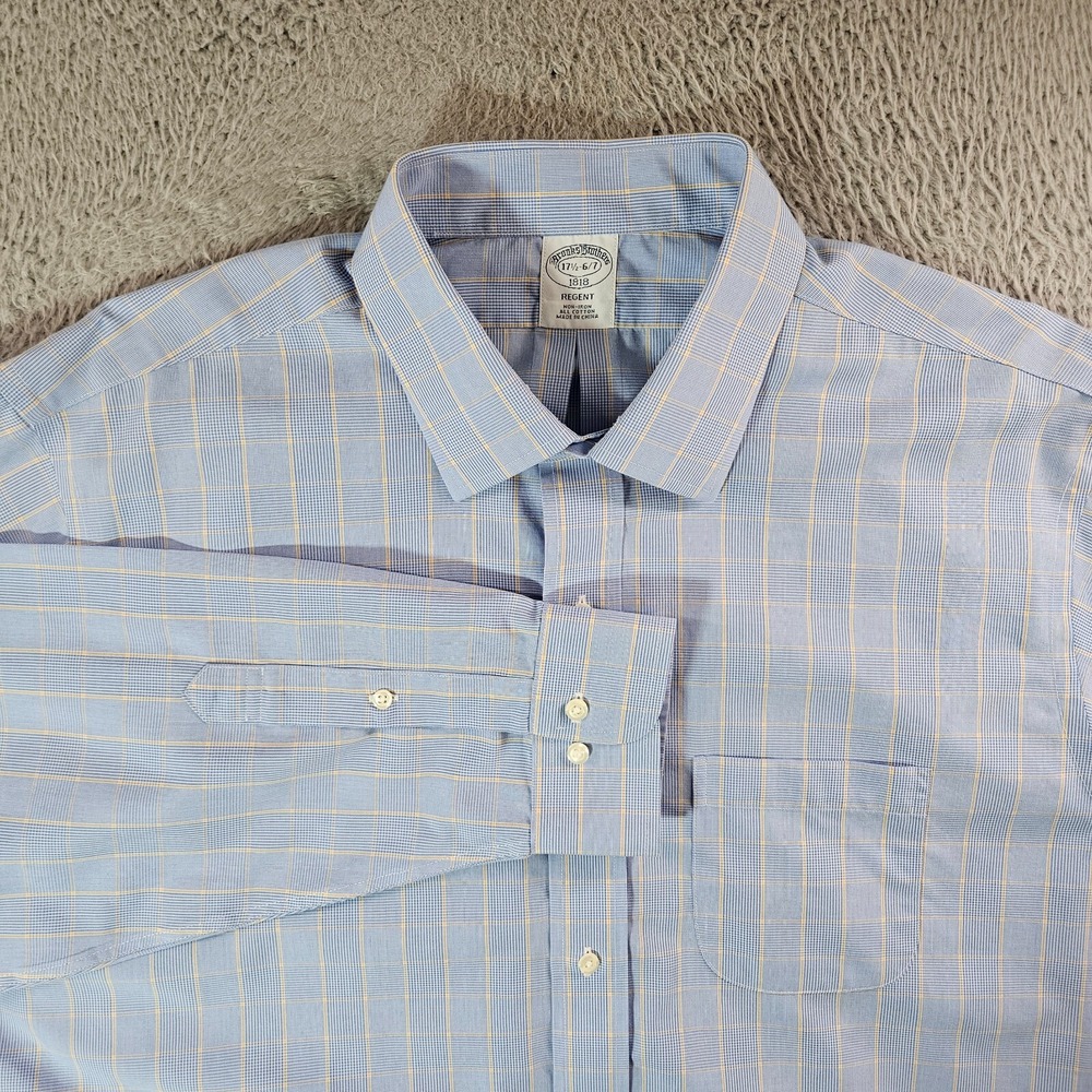 Brooks Brothers 1818 Dress Shirt Men 17.5 6/7 Button Up Long Sleeve Blue Plaid